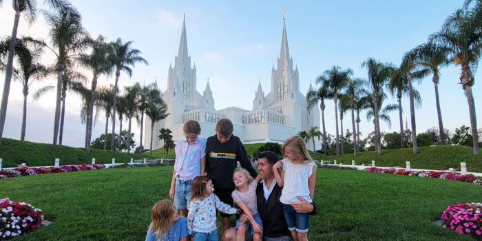 Family photo in front of the San Diego temple.