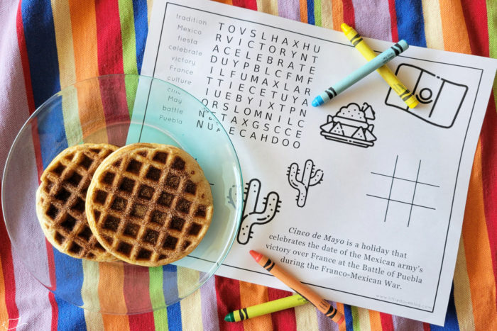 Churro waffles and free printable placemat for Cinco de Mayo.