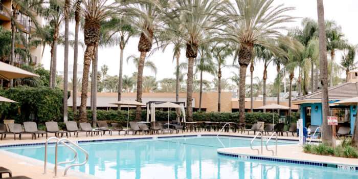 The pool area at the Sheraton Park Hotel at the Anaheim Resort.